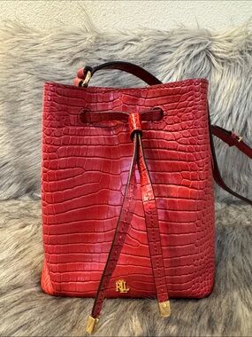 Lauren Ralph Lauren Red Croc-Embossed Leather Drawstring Crossbody Bag